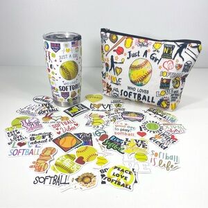 Girl Loves Softball Swag Lot 20oz Tumbler Cosmetic Pouch 40-Piece Sticker Set